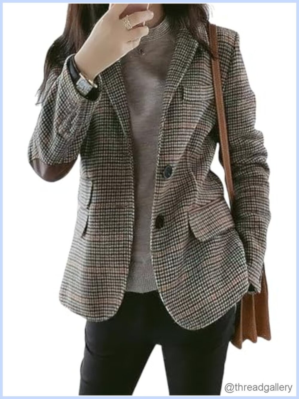 Wool Plaid Blazer Notched Lapel Slim Fit Long Sleeve Elbow Patch Business